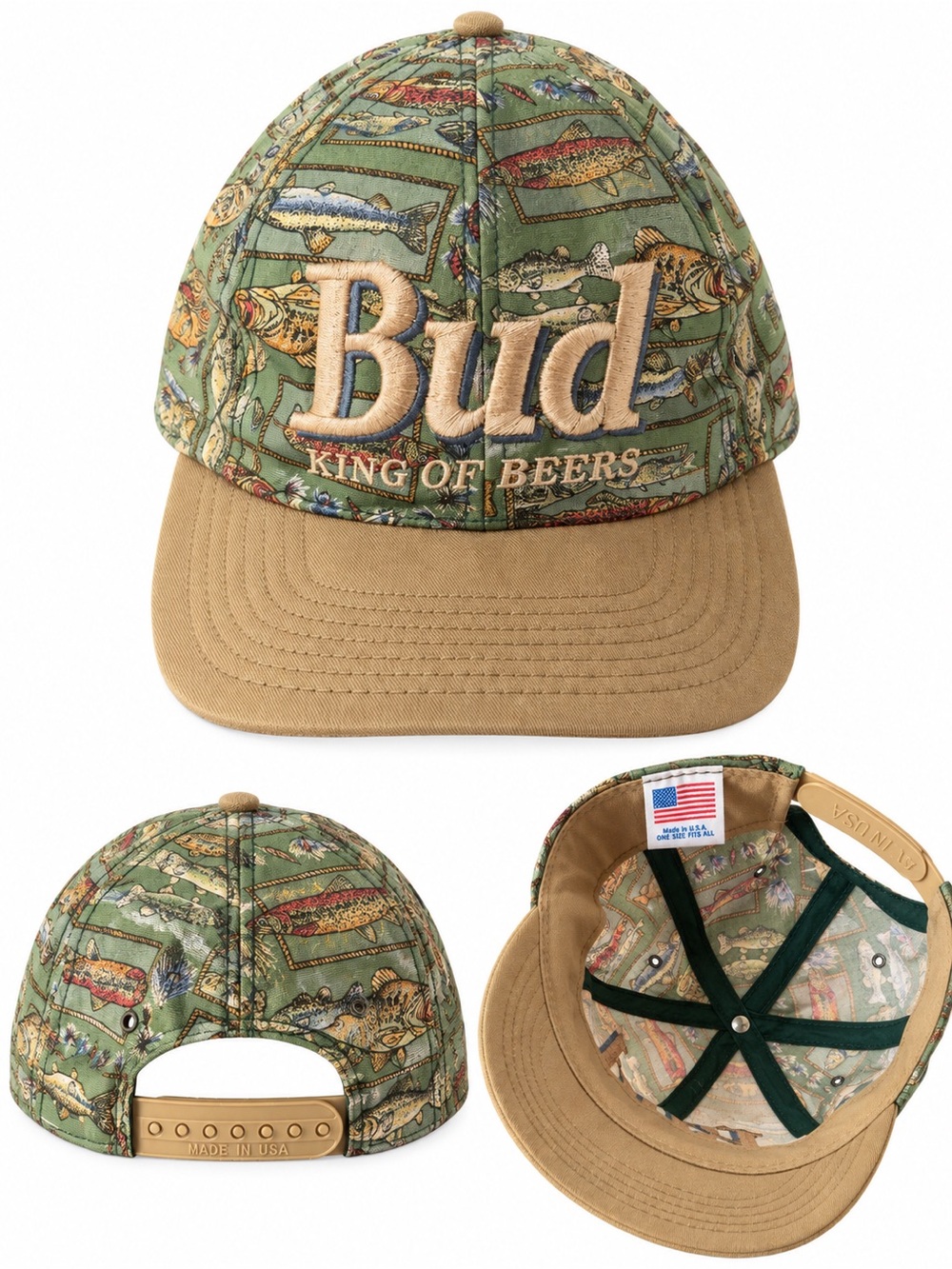 Vintage 90s Budweiser King of Beers Fishing All Over Print Hat Made In The USA